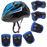 SHAKE BEAR® ヘルメット こども用 キッズ プロテクター セット 子供用 自転車 ヘルメット 3-10歳 サイズ調節可能 50cm~56cm 軽量 通気性 自転車 通学 スケートボードなど適用 スポーツヘルメット (7点セット（青黒）, S/M(48-56CM))
