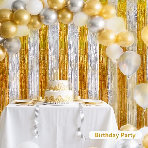 Image of BEISHIDA Gold Silver Door Streamers Backdrop Foil Fringe Tinsel Party Streamers Curtains Photo Backdrop - 2Pcs for Birthday Graduation Bachelorette Party Decoations