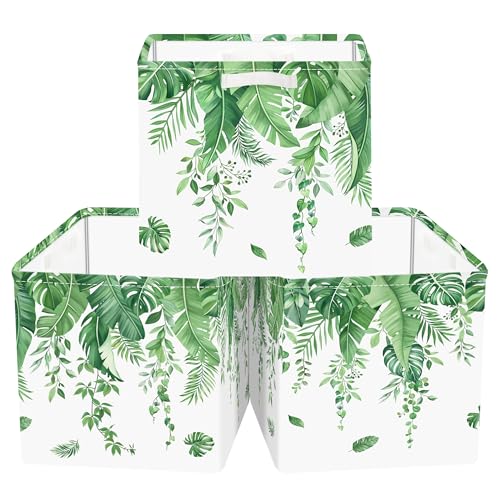 Clastyle Lot de 3 Boite Rangement Tissu Feuille Cube de Rangement Pliable Femmes Panier Kallax pour Salle de Bain, Vert, 30x30x30 cm