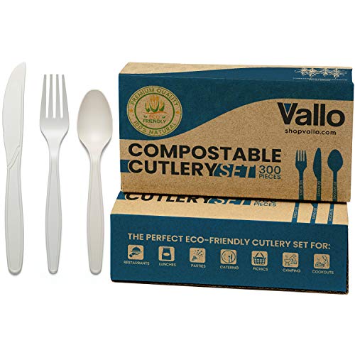 Vallo 100% Compostable Cutlery Set - Forks, Spoons, Knives [300 Utensils] - Premium Eco-Friendly Disposable Cutlery, Biodegradable Alternative To Plastic Silverware, Durable and Heat Resistant [7 in.]