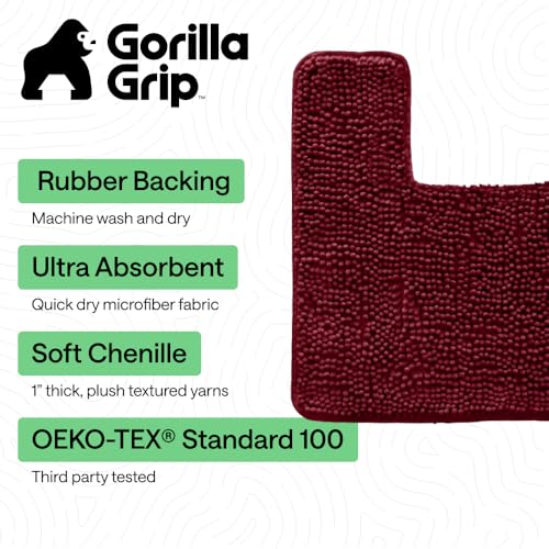 Image of GORILLA GRIP Plush Absorbent Shaggy Chenille Bath Rug Mat for Square Toilet Base with Rubber Backing, Machine Washable Rugs, Soft Microfiber Contour Mats for Toilets, Bathroom Decor, Burgundy