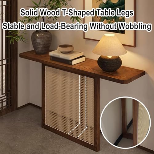 Mesa consola de madera maciza noble y frontal de ratán natural 6