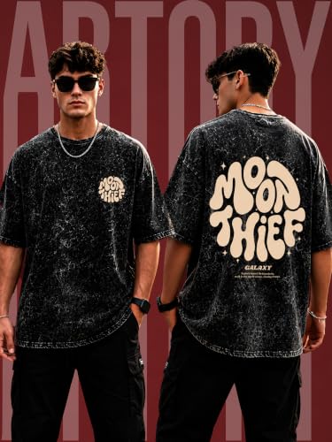 Image of Mens Premium Branded Oversized Acid Wash T Shirt for Men 220 GSM Acid Wash Down Shoulder Graphic Printed Round Neck Oversize Fit Casual
