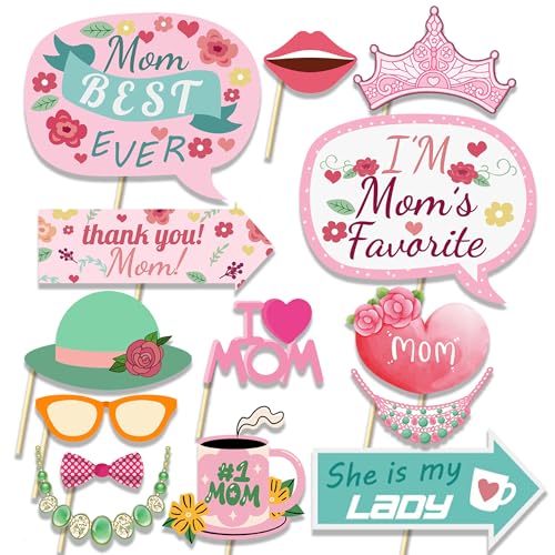 Mother’s Day Photo Booth Props – 14Pcs Mother’s Day Party Decorations with Floral Speech Bubbles, Tiara, Hat, Glasses – Fun Photo Props for Mom’s Day, Family Party