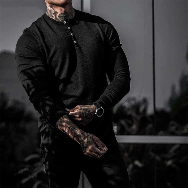 Men's Casual Long Sleeve Henley Sweater – Stylish and Slim Fit Solid Color Pullover3