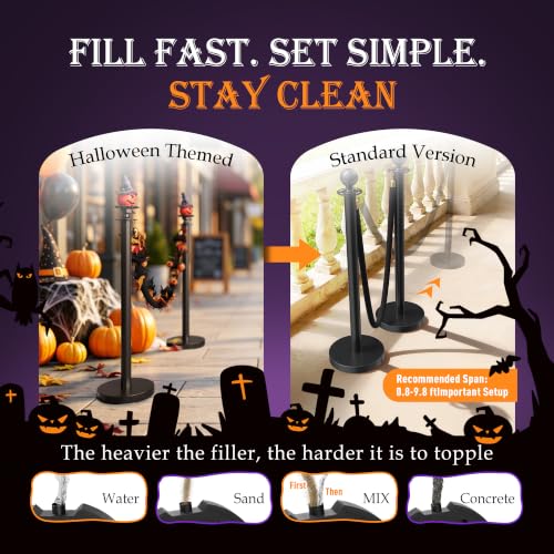 Image of 4 Pack Halloween Hat Pumpkin Head Black Stanchions and Velvet Ropes Set, Stainless Steel Crowd Control Barriers, 3Pcs Black Ropes and Poles for Party,Photobooth Accessories, Prom,Halloween Decorations