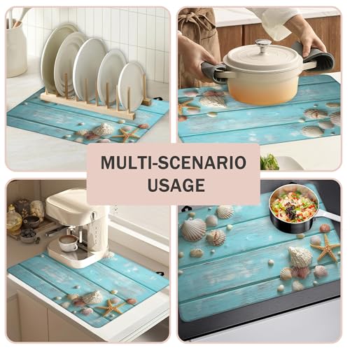 Image of Multi-Design Silicone Stove Cover for Glass /Electric Stoves - 3-in-1 Heat-Resistant Protector Mat, Non-Slip Drying Rack (Summer Wooden Starfish Seashells, 28 inch L x 20 inch W)