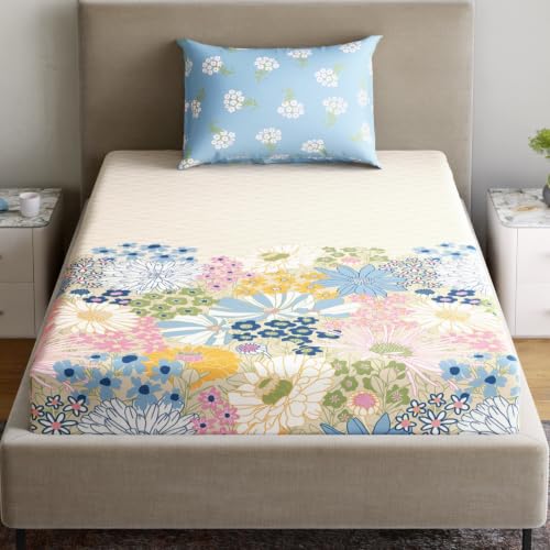 Image of Home Ecstasy 100% Cotton Single Bedsheet with 1 Pillow Cover - (Size 59 x 87 inches, 140 TC, Colour - Light Blue)