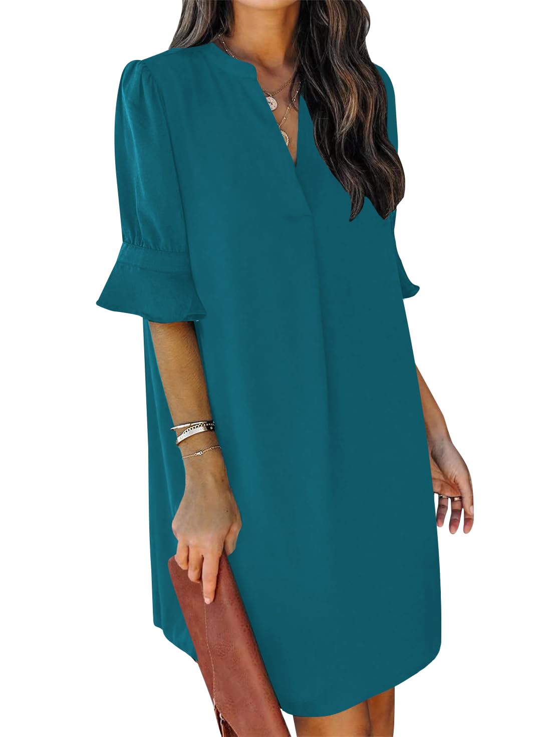 YUTILA Bohemian strandjurk voor dames, V-hals, 3/4 mouwen, bloemenpatroon, mini-tuniek jurk, vintage etnische stijl, zomerjurken, 100% viscose, XL