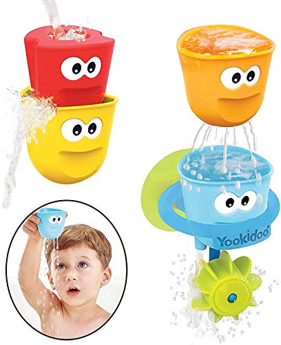 Yookidoo Baby Bath Toy Set - Fill N Spill 4 Stackable Bathtime Cups and Water Wheel - Suction Cup Affixes to Bath Tub Walls