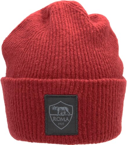 Prodotto per i fan di AS Roma AS Roma Cappelli Invernali Stadio, Classic Crest Leather Patch Knitted Skipper Beanie - Red W Black Logo
