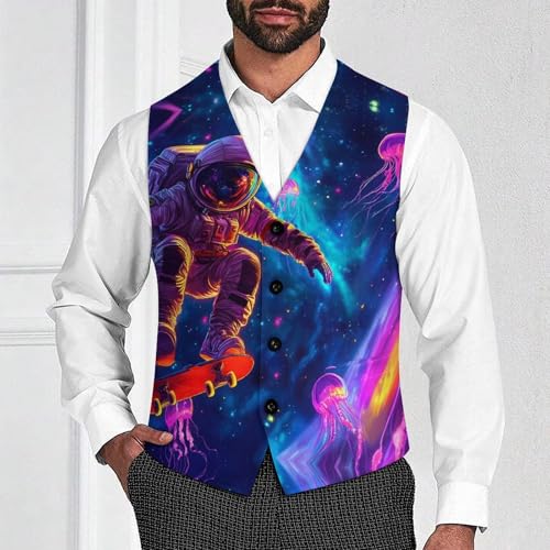 Astronaut on Skateboard Jellyfish Trendy Vest Suit for Men V Neck Formal Dress Waistcoat Vests Business Slim Fit4