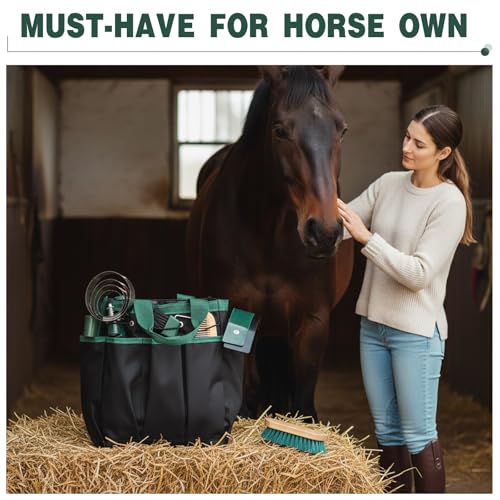 Abbylike 12 Piece Horse Grooming Kit with Organizer Tote Bag Brush Sets for Derby Day Show Horses Professional Tools for Care & Massage(Khaki and Green) - Image 5