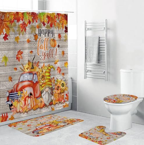 4Pcs Fall Shower Curtain Set Gnome Pumpkin Autumn Maple Leaves Shower Curtain for Fall Bathroom Decor with Anti-Slip Waterproof Bathtub Bathroom Rugs Toilet Lid Cover, 12 Hooks (Fall Yall)