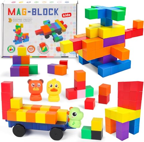 LONEEDY 60-Pack Magnetic Building Block Set with Animal Figures & Magnetic Cart - Magnet Constructions Cubes Educational STEM Toy for Kids 3-8 Years (Color Mixing-60PCS) - image 1