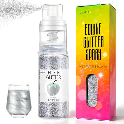 Silver Edible Glitter Spray for Cakes Drinks - Colaele 5 Grams Shimmer Luster Dust Food Grade Metallic Sprinkle Decorating for Cake Decorating, Cookies Baking, Chocolate, Strawberries, Vegan