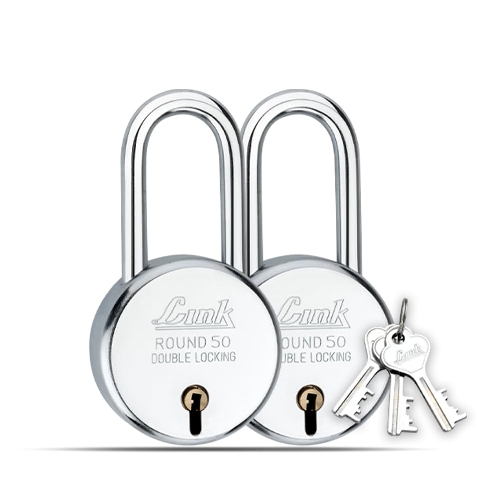Link® 50mm New Round Long Shackle Padlock | Steel Body | Iron Lever | Double Locking | 50,000 Key Combinations 3 Silver Keys for Each Padlocks (Pack of 2)
