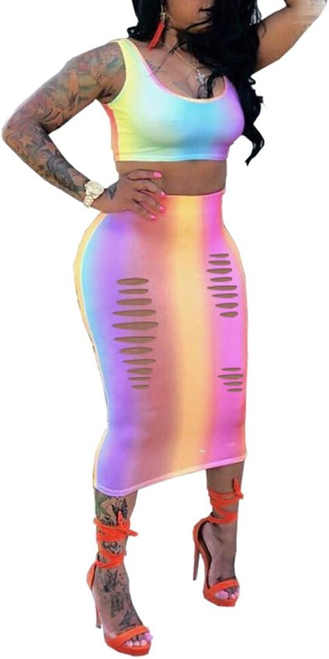 Ophestin Women Tank Stripe Print Crop Top Cut Out Bodycon 2 Piece Long Midi Pencil Dresses Outfits Skirt Set