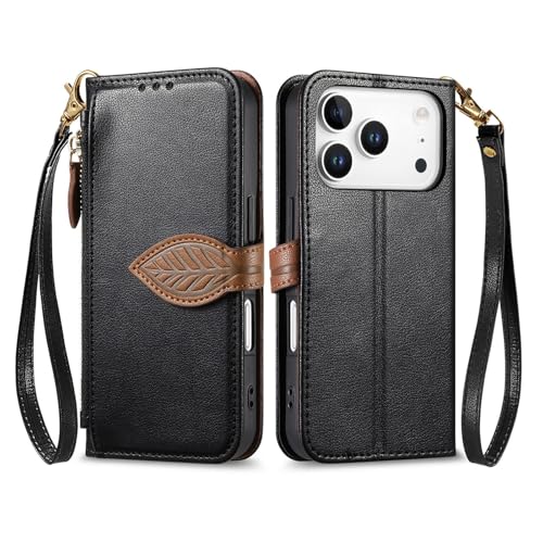 Étui portefeuille iPhone 14 Pro cuir noir à rabat et longue sangle