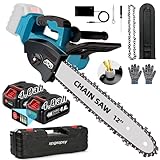 2025年最新型 チェーンソー 充電式 强力ブラシレス 切断径350mm BL18v電池互換 4000mAhバッテリ2個 LED表示付&PSE認証 コードレス 電動チェーンソー 自動給油 ポータブル ハンディ ミニ 家庭用 園芸設備 伐採 薪作り, 組み立て不要・操作が簡単・で収納も簡単・使用の容易さ・耐久性强 ホリデーギフト 収納箱付き日本語取扱説明書 12インチ 青