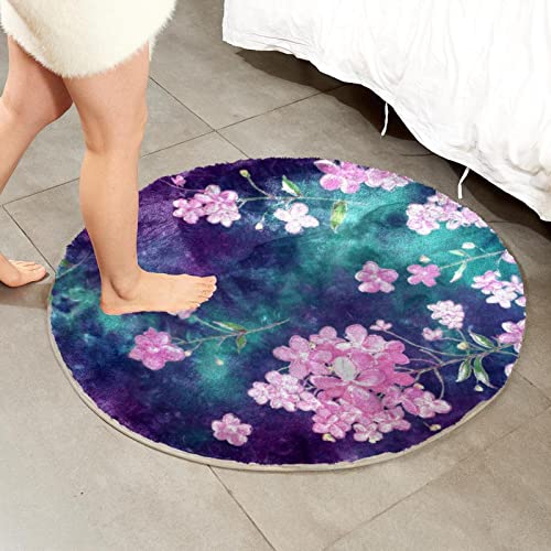 Purple And Green Batik Fabric Texture With Flowers Round Area Rug For Bedroom Living Room Study Playing #TOP5