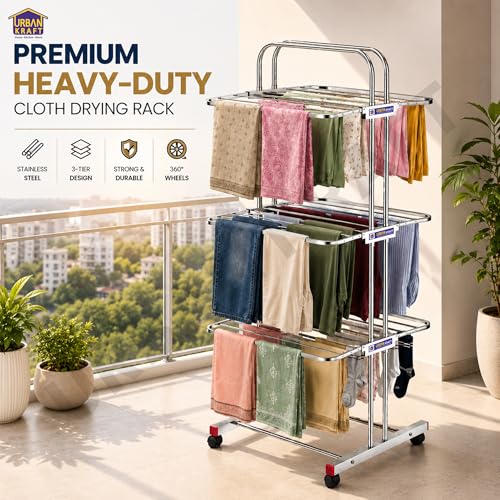 Image of URBAN KRAFT 3 Tier Foldable Cloth Drying Stand | Heavy Duty Rack for Drying Clothes | Full Stainless Steel Cloth Dryer Stand with Wheels - 6 Folding Wings, Easy to Assemble