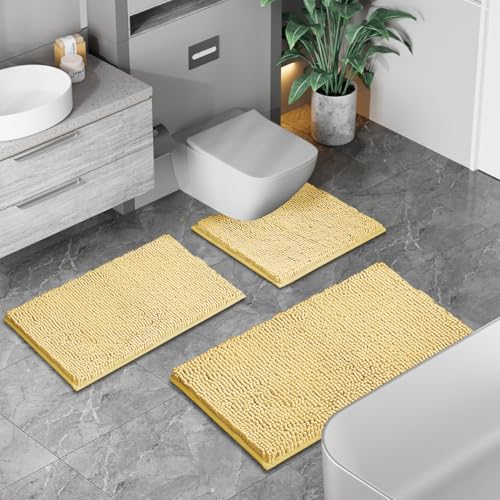Image of Bathroom Rugs 3 piece Bath Rugs Sets 3 Piece, Extra Soft and Absorbent Shaggy Bathroom Mat Rugs, Machine Washable, Non-Slip Plush Carpet Cream