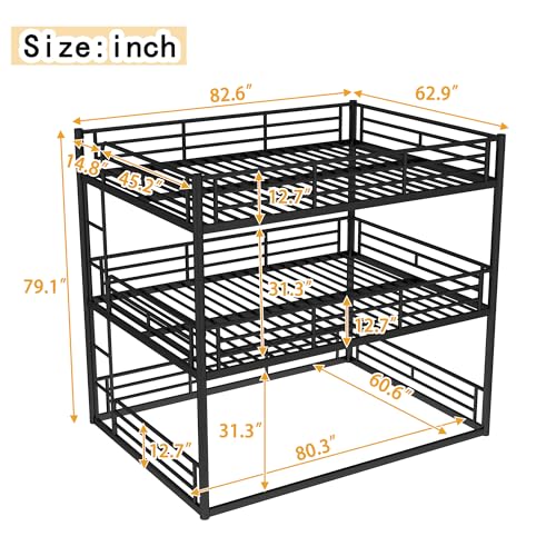 Image of Queen Over Queen Over Queen Bunk Bed with Safety Guardrails, Modern Metal Triple Bed Frame for Kids, No Box Spring Required, Black