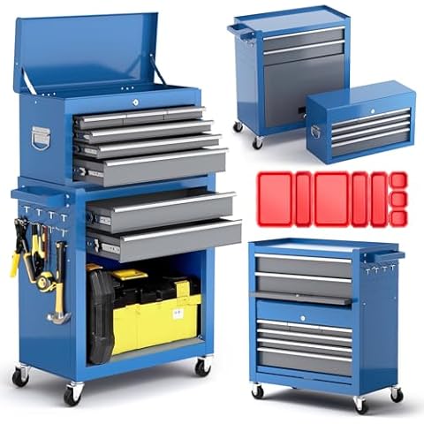AIRAJ Tool Chest,8-Drawers Rolling Tool Chest with Wheels,Detachable Tool Storage Cabinet with Tool Box Organizer Tray Divider Set,with 10 Hooks for Workshop Garage Mechanics,Garage Tool Box Cover