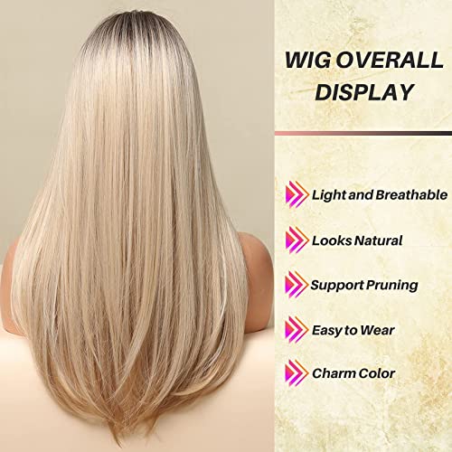 Honygebia Long Blonde Wig with Fringe, Dark Root Blonde Ombre Wigs for Women Striaght Wavy Synthetic Heat Resistant Hair - Image 4