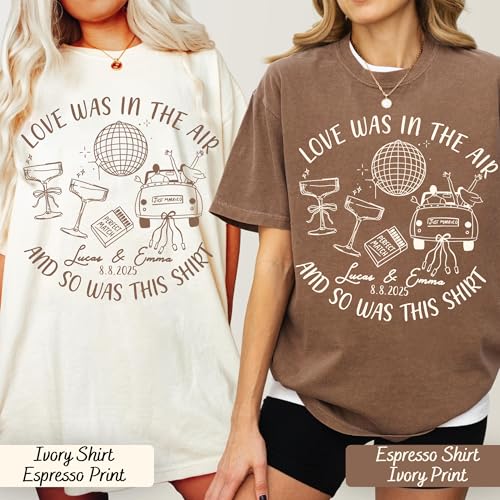 NAZENTI Custom Wedding Toss Shirt, Personalized Bridal Party Gifts, Funny Wedding Guest Gift, Love was in The Air Weekend Tee3