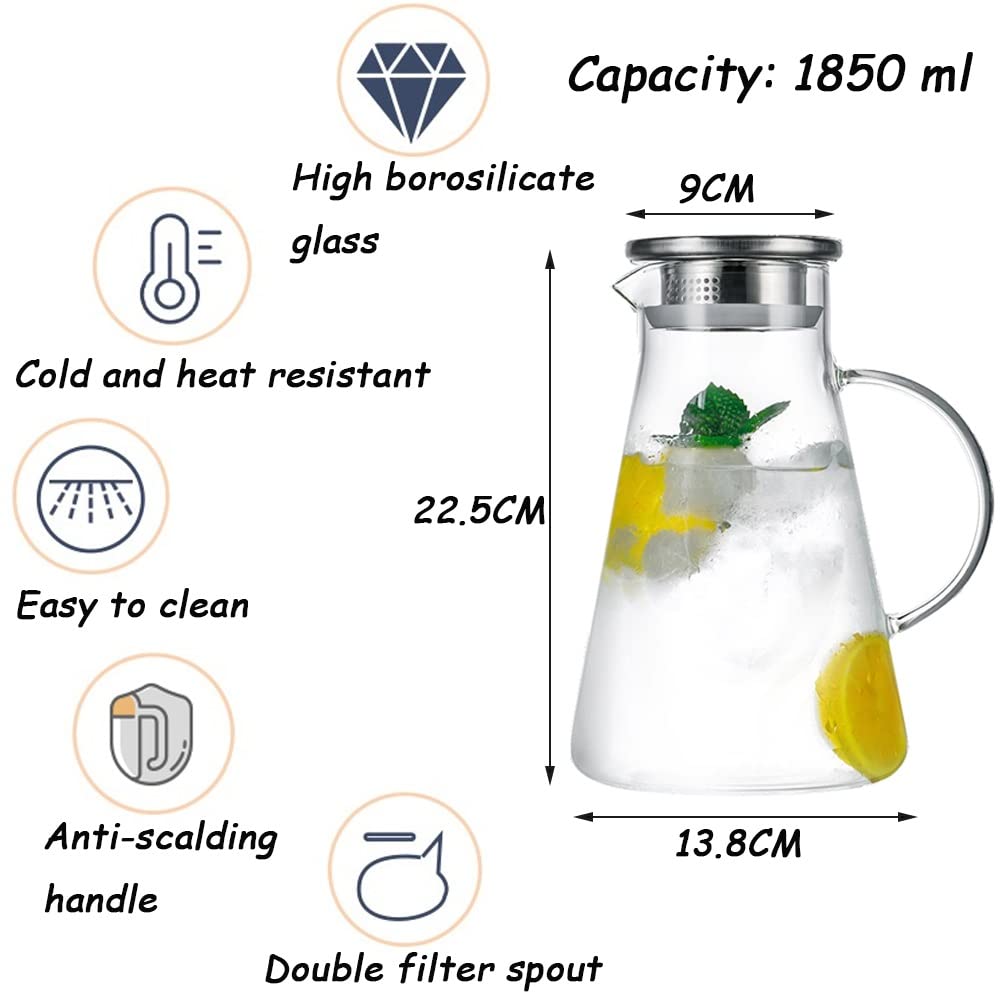 Nff Jarra De Cristal, Jarra De Agua De Cristal De 1,85 L con Tapa, Jarra De Cristal Resistente Al Calor Fácil De Limpiar, Apta For Zumo, Té, Agua, Leche, Café