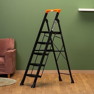Bonkaso Alloy Steel Climb Master 5-Step Foldable Heavy Duty Ladder for Home, Indoor and Outdoor Purpose with Anti-Slip and Advanced Locking System- (Black & Orange)