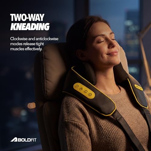 Image of Boldfit Electric Cordless Shiatsu Neck Shoulder Massager with Heat for Cervical Pain,2 Bi-Directional Rollers, 3 Speeds, 3600mAh Rechargeable, Hands-Free Back Buckle, Portable Deep Tissue Pain Relief