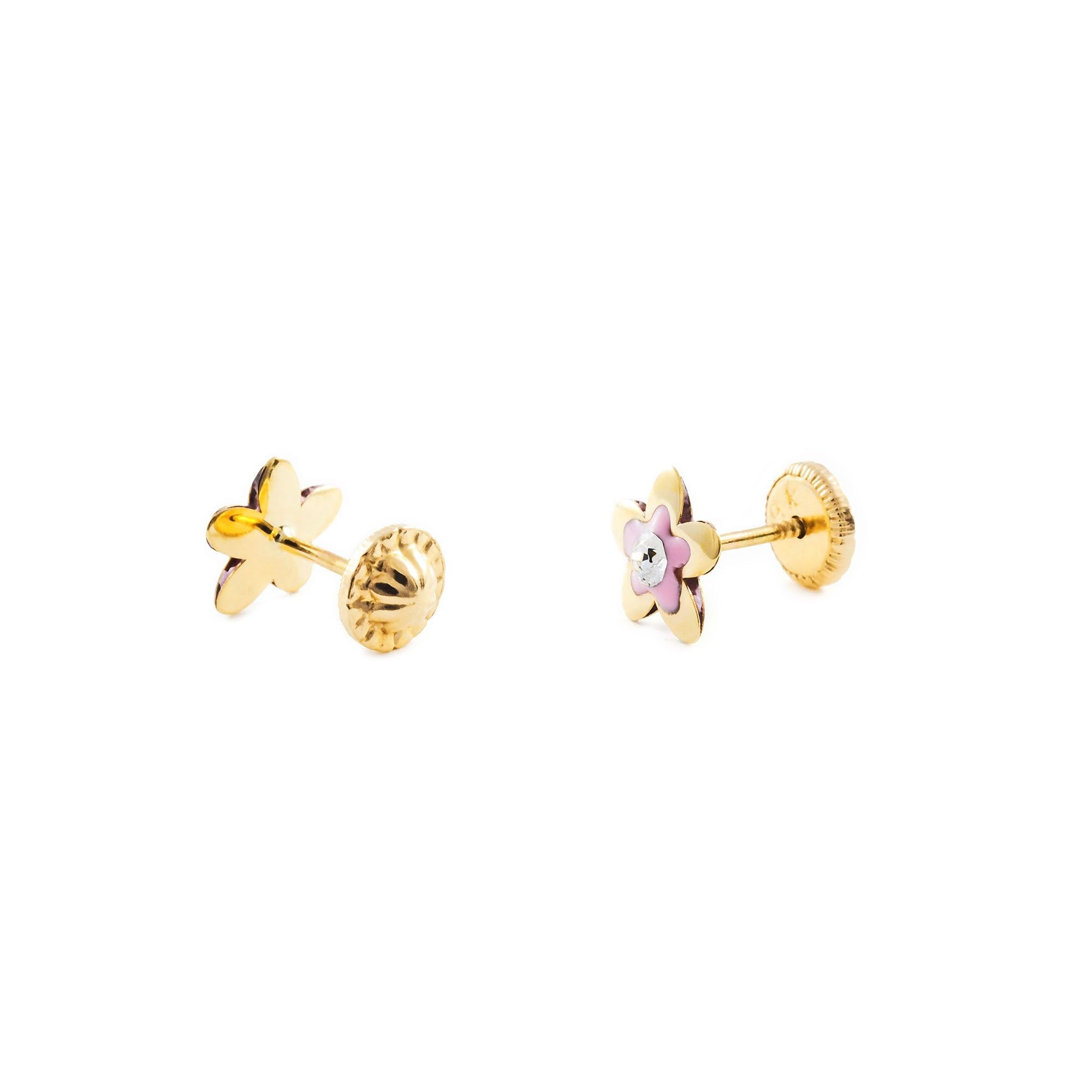 Pendientes Oro Niña flor esmalte rosa y circon (9kts) - Estuche Regalo - Certificado de Garantía - Mondepetit