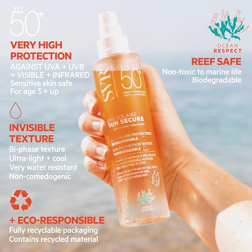 SVR - Sun Secure Solar Water SPF50+ - Agua solar hidratante bifásica - Protección muy alta contra UVA, UVB, luz visible e infrarroja - Piel sensible - Niacinamida, vitamina E - 200 ml