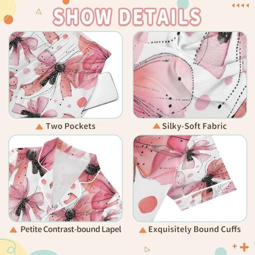 Satin Pajama Sets Short Sleeve Pink Butterflies Bows Kawaii Button Down Silky Nightwear 2 Piece PJS 5-14Y 6