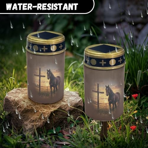 Image of Horse Cross Cross Solar Grave Lights for Cemetery Flameless Solar Powered Light for Prayer Waterproof Cemetery Solar Lights for Grave Cemetery Decor Candle Lamp