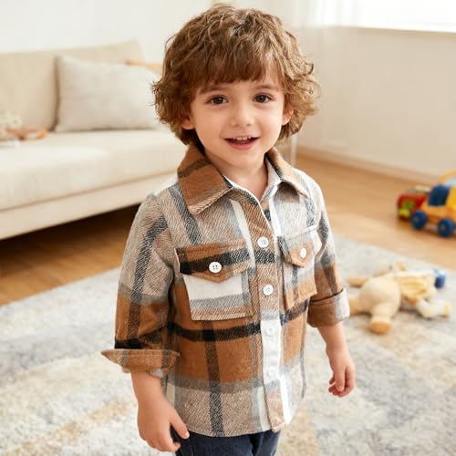Feidoog Toddler Baby Boys and Girls Plaid Shirts Jacket Long Sleeve Lapel Button Down Top Outwear Clothes,Brown,2-3T