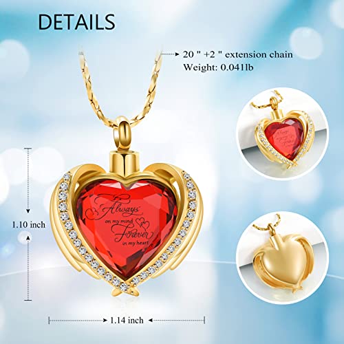 Imrsanl Cremation Jewelry Angel Wing Heart Urn Pendant Necklaces for Women Crystals Birthstone Urns for Human Ashes Memorial Locket Keepsake Ashes Jewelry (Red) - Thumbnail 2