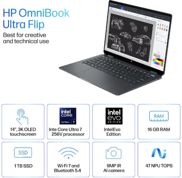 Image of HP OmniBook Ultra Flip 2-in-1 Laptop 14.0 inch Touchscreen 2.8K Display | Intel Ultra 7-256V, 16GB LPDDR5, 1TB PCIe SSD, Backlit KB, Fingerprint, 2 Thunderbolt 4, Win 11 Pro W /DKZ USB Port Expander