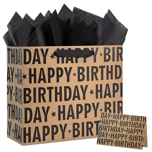 Yusenguan 13 Kraft Birthday Gift Bag with Tissue Paper and Greeting Card Black Happy Birthday Lettering Design Gift Paper Bag for Men Women Kids (Black)