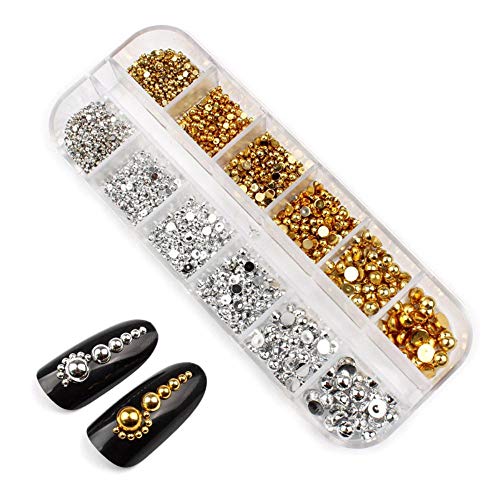 12 Raster-Box Gold/Silber Perlen halbrunde flache Rückseite Perlen für Nagelkunst DIY Zubehör Nagelschmuck Charms - weiß… – Bild 3