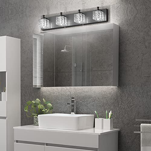 Image of Ralbay Crystal Vanity Lights - 4 LED Modern Matte Black Bathroom Vanity Lights Over Mirror