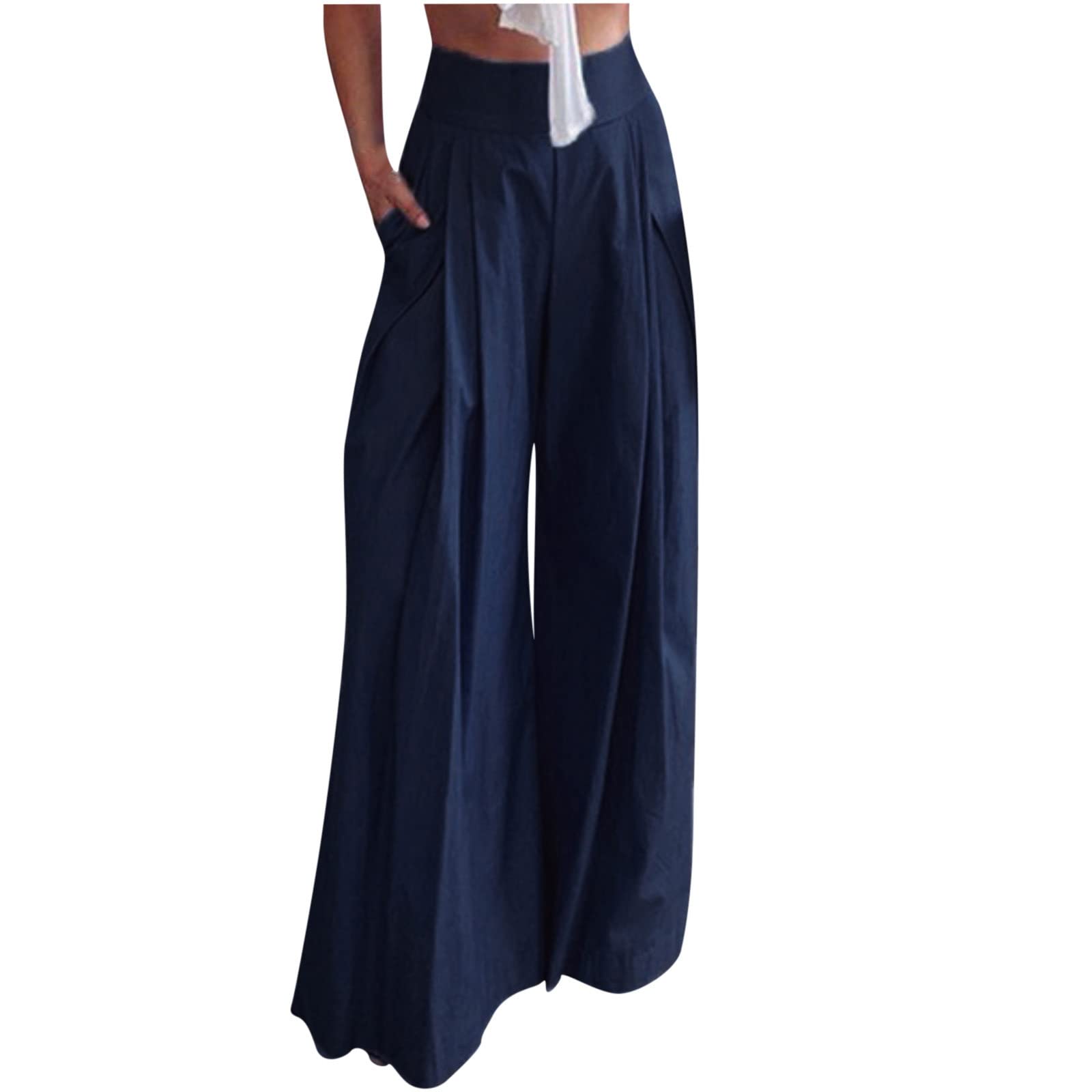 Uillui Flowy Pants for Women Baggy Palazzo Wide Leg Pants High Waist Straight Leg Trousers Pleated Solid Color