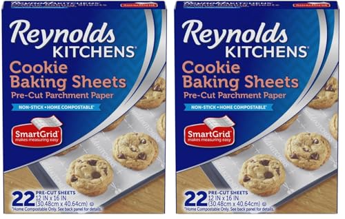 Image of Reynolds Kitchens Cookie Baking Sheets, Pre-Cut Baking Parchment Paper Sheets for Cookies, Oven-Safe up to 425 Degrees, Reusable Up to 3X, No-Mess Cleanup, 12 in x 16 in, 22 Count (Pack of 2)