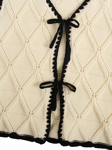 Verdusa Women's Old Money Bow Tie Crochet Sweater Vest Contrast Binding Knot Front V Neck Knit Top3