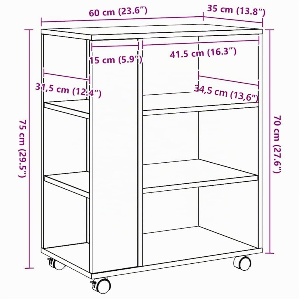 vidaXL Armoire roulante chêne Artisanal 60x35x75 cm Bois d'ingénierie, Armoire, classeur Mobile, Meuble de Bureau, Armoire de Rangement sur roulettes