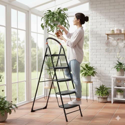 Image of CIPLA PLAST 5 Step Ladder for Home Use | Alloy Steel Ladder with Wide Steps | Foldable with 5 Slip-Resistant Steps | Durable, Heavy Duty, Anti-Skid Steel Ladder (5 Steps Milano, Black)