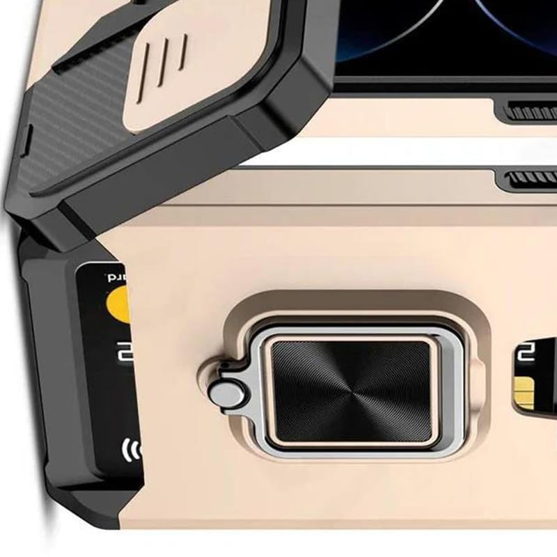 Image of LuxuryKase Shockproof Armor Case for iPhone 16 Plus | Slide Camera Cover | Hidden Card Slot | Rotating Ring Kickstand | Magnetic Car Mount Support | Military Grade Protection - Gold